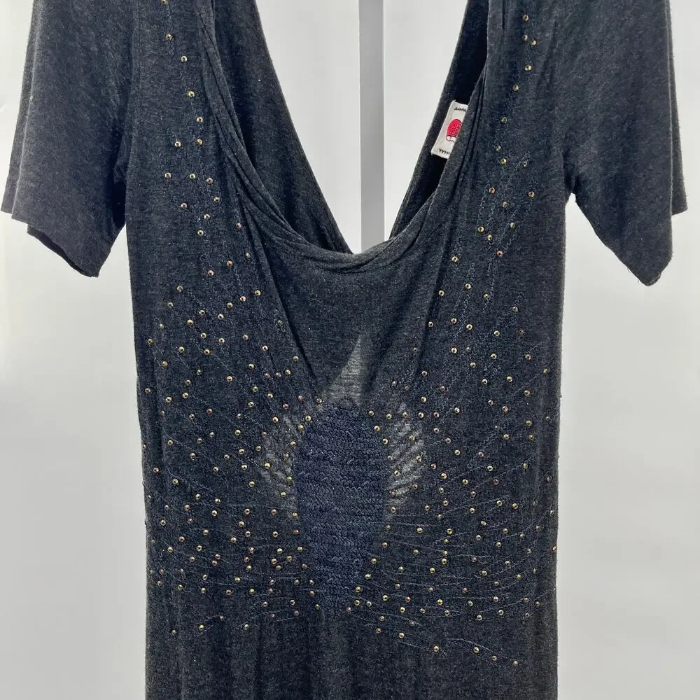 Free People Dark Gray V-Neck Knit Studs Short Sleeve Boho Shift Dress Women - Picture 5 of 10